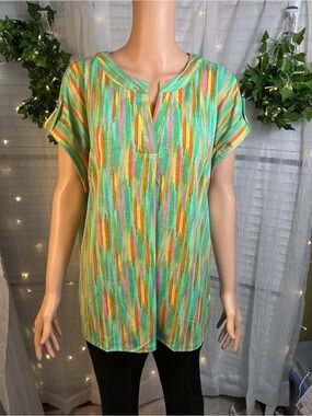 Dear Scarlett Vibrant Mint Multicolor Notch-Neck Short Sleeve Blouse